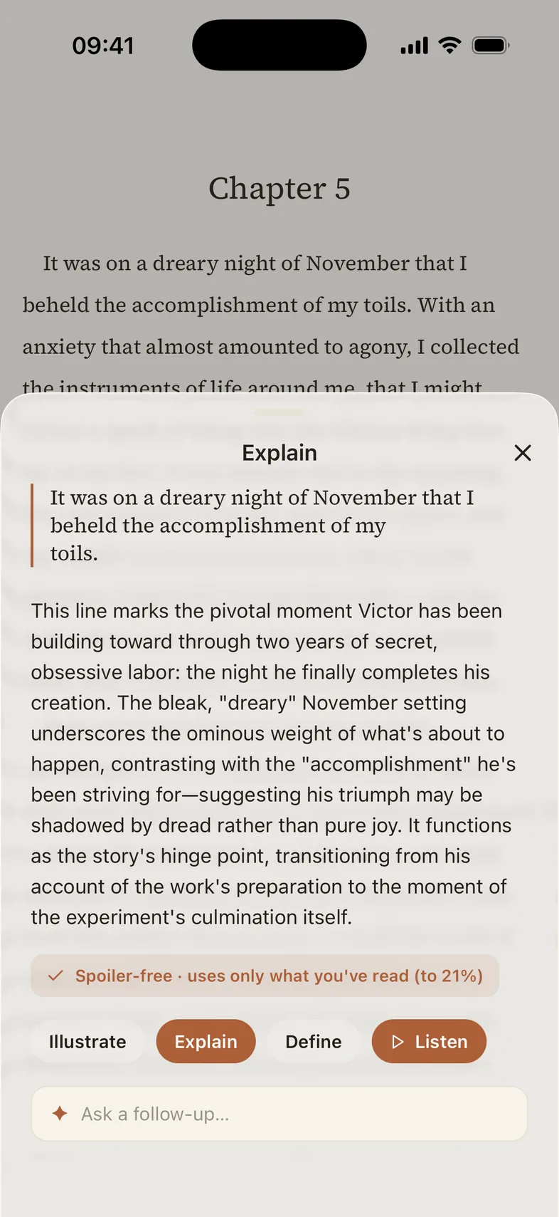 The Explain sheet answering what the selected sentence means, marked spoiler-free up to 21 percent of the book