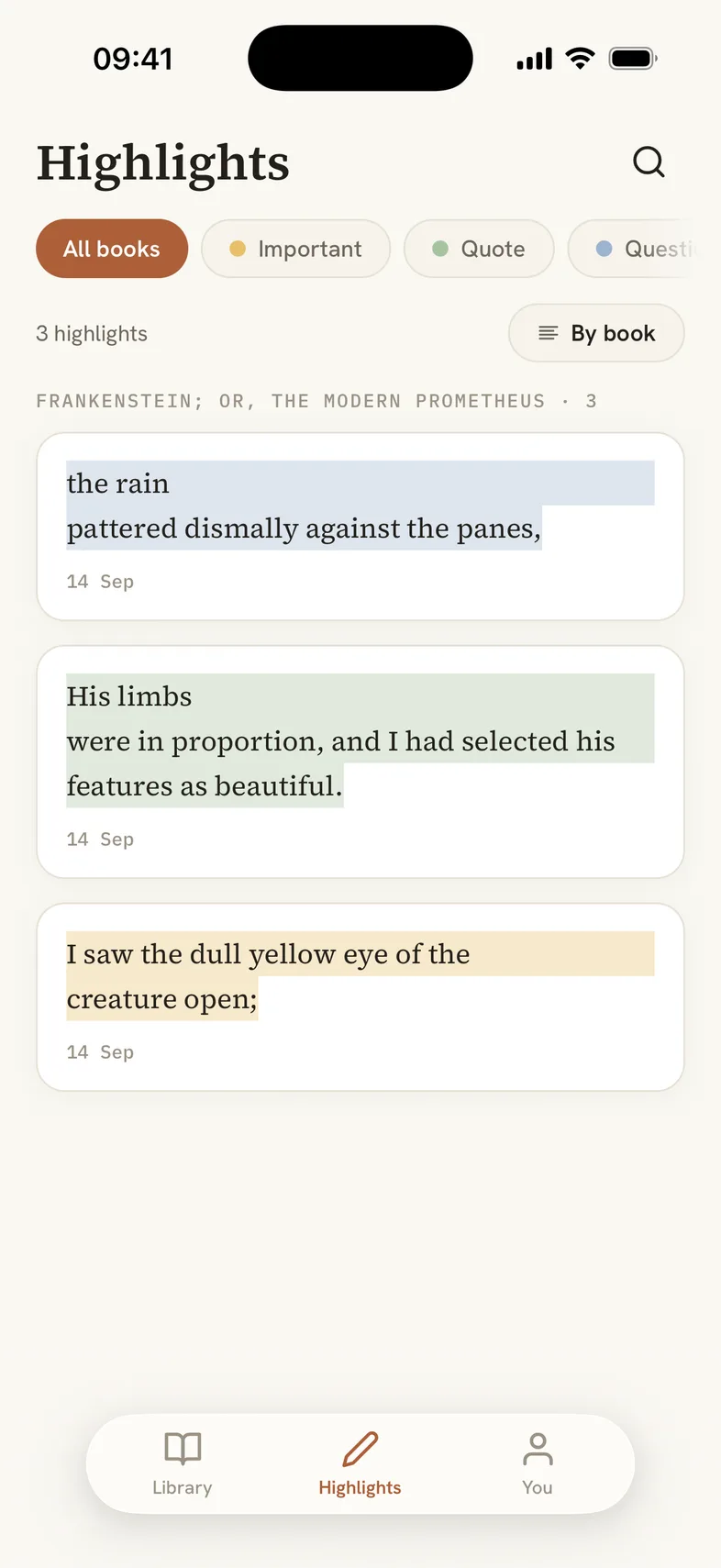 The Highlights tab with three highlights from Frankenstein in different colours, and colour filters