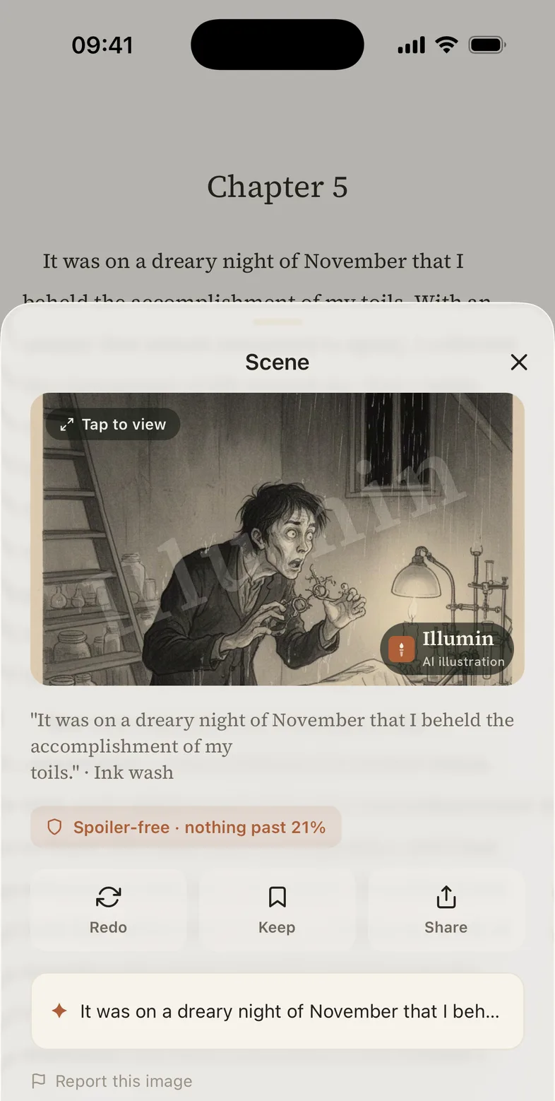 Illumin's reader on Frankenstein, chapter 5, with a passage selected and the illustration sheet open over it, showing an ink-wash scene of Victor at his workbench on a rainy night