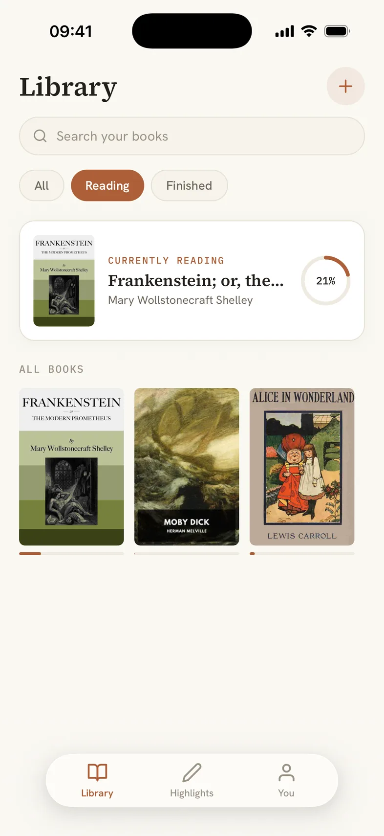 The Illumin library with Frankenstein as the book currently being read