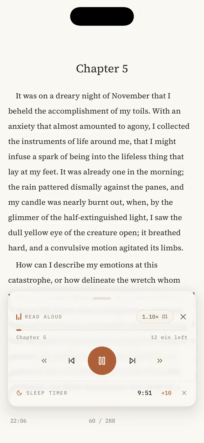 Read-aloud playing chapter 5, with sentence and paragraph controls and a sleep timer