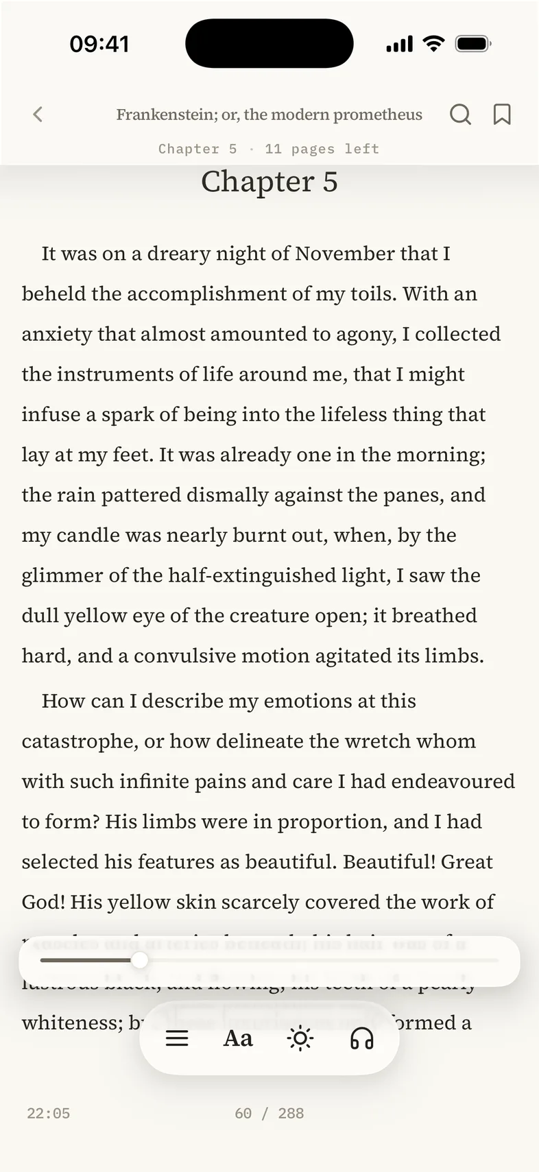 The reader on Frankenstein, chapter 5, with the page scrubber and the pill toolbar showing