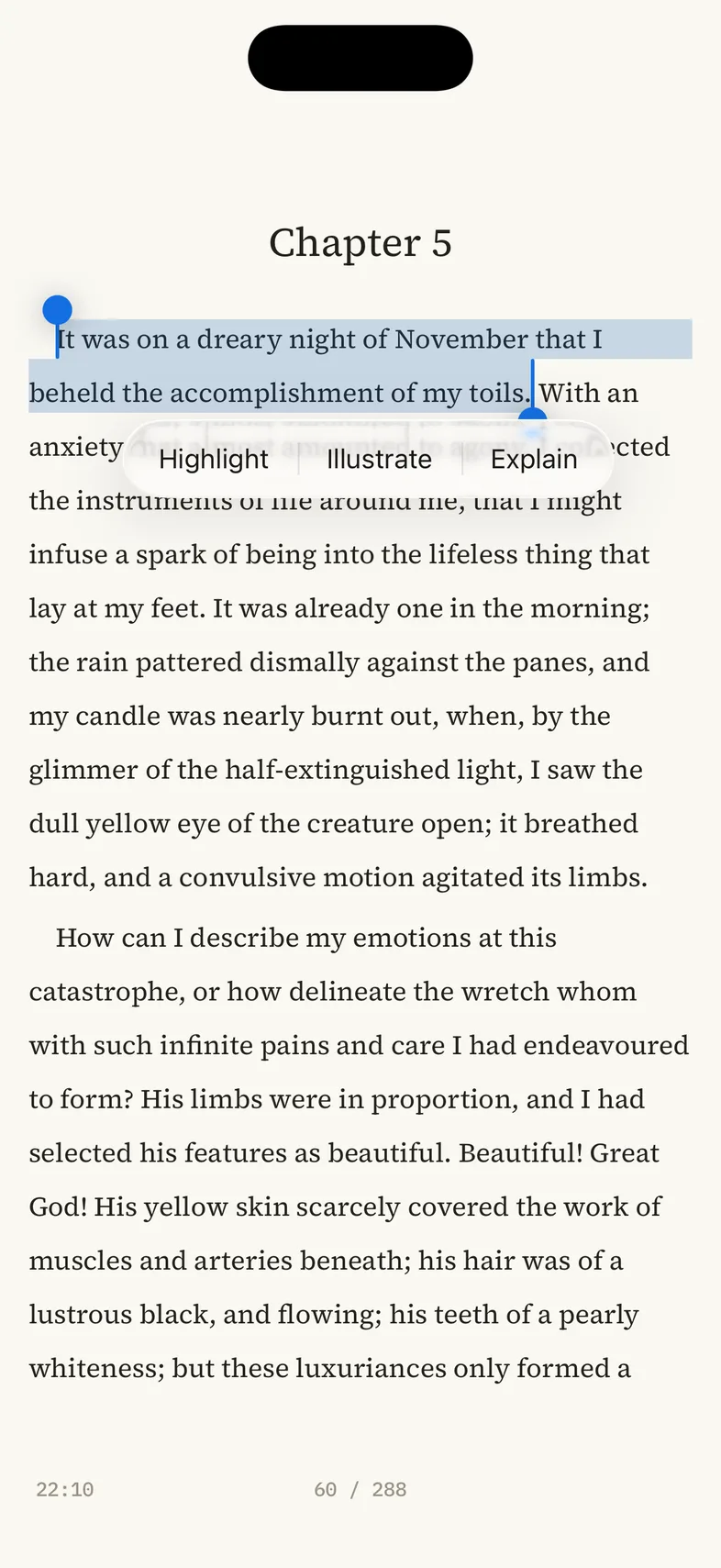 A sentence selected in the reader with the Highlight, Illustrate and Explain menu below it